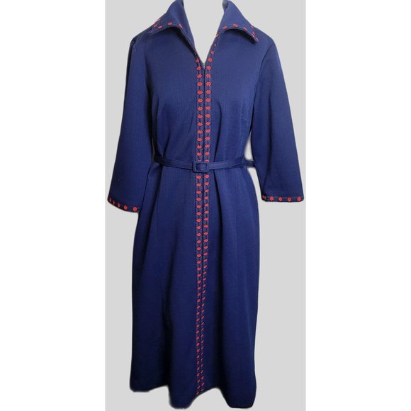 Vintage Dress Damon Dress Navy Blue Red Trim Zip Front Belted Collar 60s Retro - Picture 1 of 13